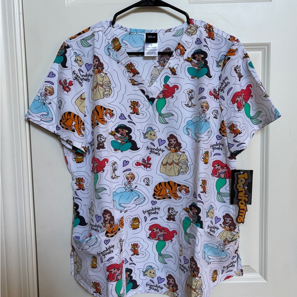 *RARE* Tooniforms Disney Princess Print V-Neck Scrub Top - Blue, Red, Orange